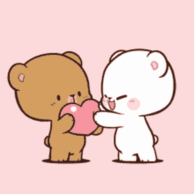 two teddy bears are holding a pink heart in their mouths on a pink background .