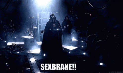 darth vader is standing in a dark room with the words sexbrane written on the floor