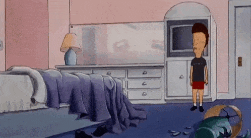 a cartoon character is standing in a bedroom with a broken vase .