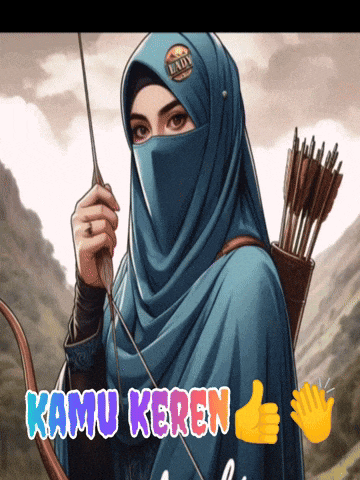 a woman in a hijab is holding a bow and arrow and the words kamu keren are below her