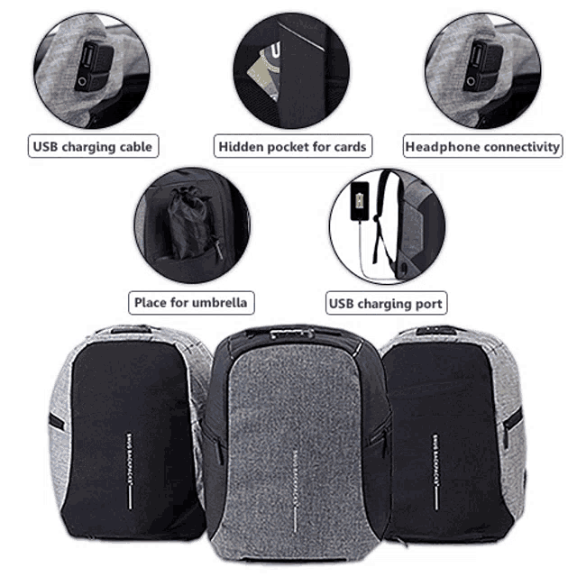 three backpacks with a hidden pocket for cards and a place for an umbrella