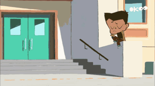 a cartoon of a boy sitting on a set of stairs in front of a building that says okoo