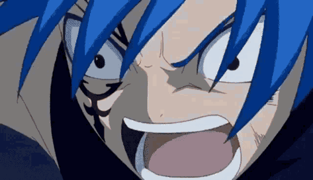 a blue haired anime character with a tattoo on his face