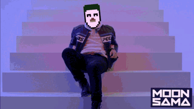 a pixel art of a man sitting on a set of stairs with moon sama written on the bottom right