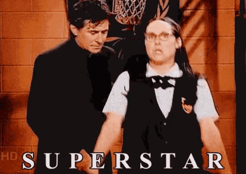 a man and a girl are standing next to each other with the word superstar in the corner