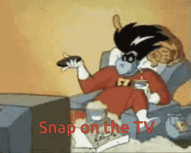 a cartoon character is sitting in front of a tv with the words snap on the tv written below him