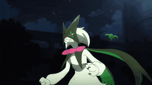 a cartoon drawing of a monster with a pink collar and green leaves