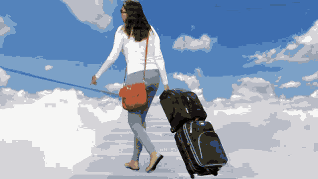 a woman is walking up stairs with a suitcase that says ' bmw ' on it