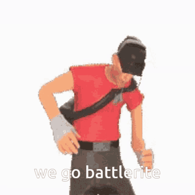 a man in a red shirt and black hat is dancing with the words `` we go battlerite '' written on the bottom .
