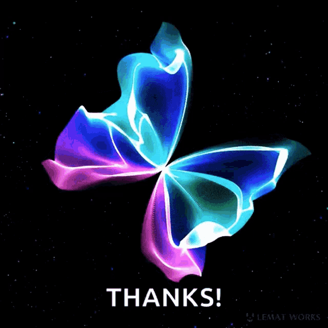 a colorful butterfly with the words thanks written beneath it
