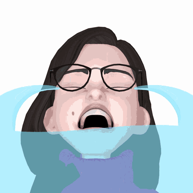 a woman wearing glasses is crying in a pool of water