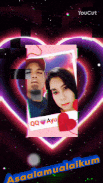 a picture of a man and a woman in a heart shaped frame with the words qq ayu on it