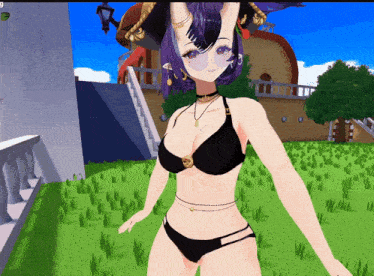 a girl in a bikini is standing in a grassy field