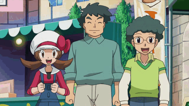 a group of cartoon characters standing next to each other in front of a store