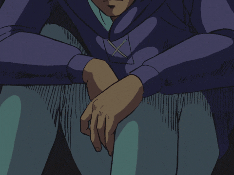 a drawing of a person sitting with their hands folded in front of their face