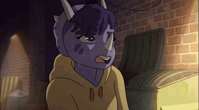 a cartoon of a rhino wearing a yellow sweatshirt