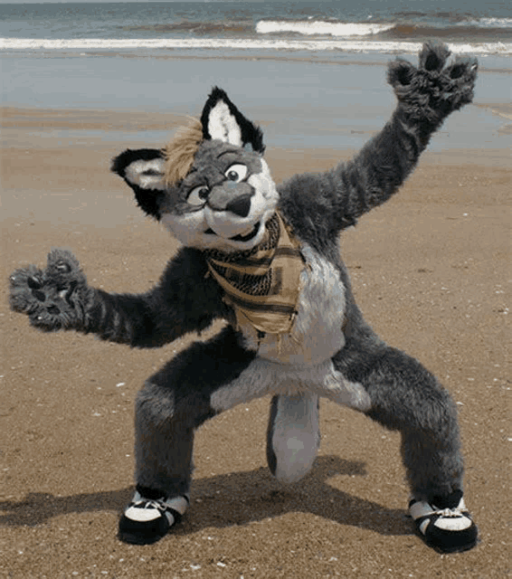 a stuffed animal with a scarf around its neck is standing on the beach