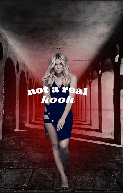a woman in a black dress is standing in a hallway with the words " not a real kook " written above her