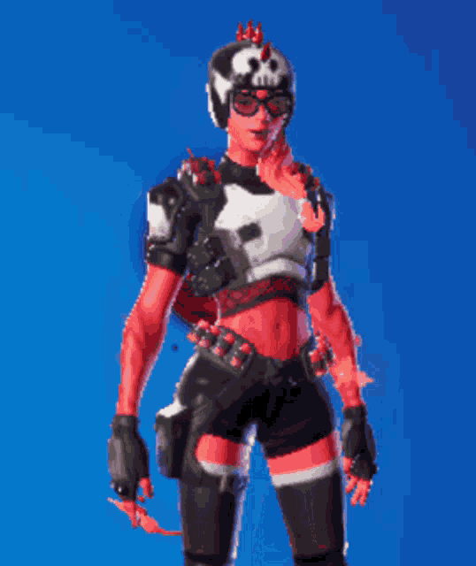a woman with a skull helmet on her head is standing in front of a blue background .