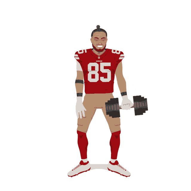 an illustration of a football player with the number 85 on his jersey holding a dumbbell