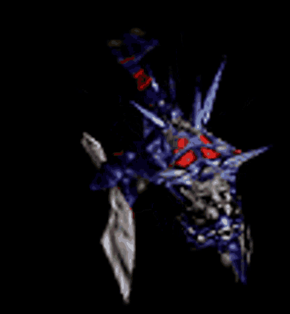 a computer generated image of a blue and red monster with green eyes .