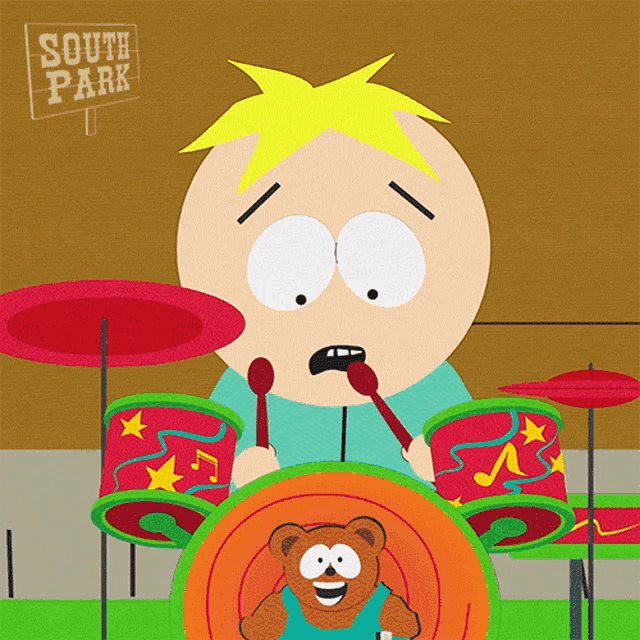 a cartoon character playing drums with a sign that says south park