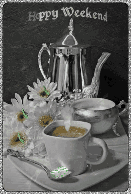 a happy weekend greeting card with a cup of coffee and a teapot