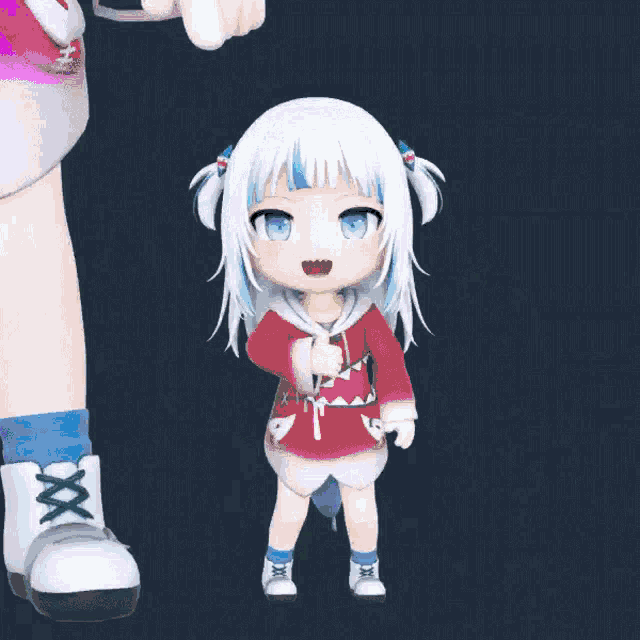 a 3d animated character with white hair and blue eyes is wearing a yellow hoodie