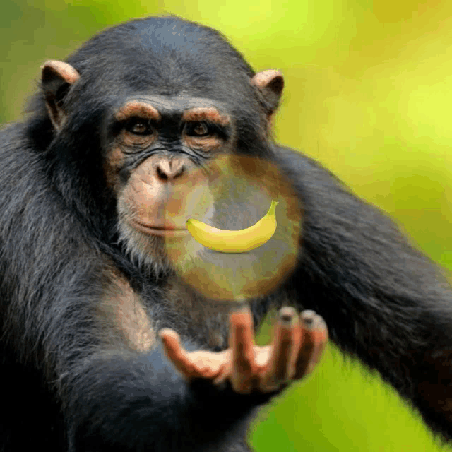 a chimpanzee holding a banana in its hand