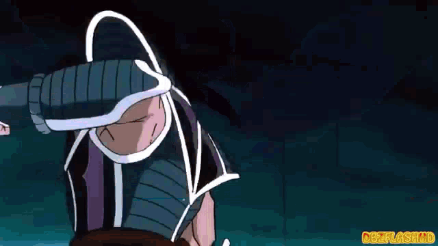 a cartoon character is holding a sword in his hand and covering his face with it .