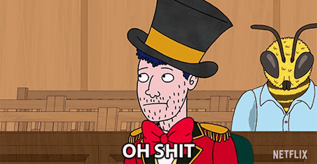a cartoon of a man wearing a top hat and a bee mask says oh shit