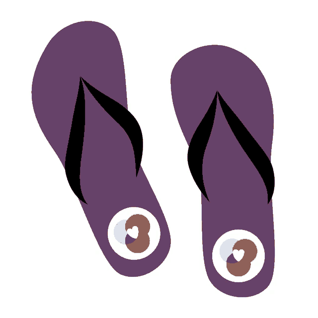 a pair of purple flip flops with a colorful logo on the side