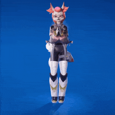 a cartoon character with a fox 's head and ears is standing on a blue background