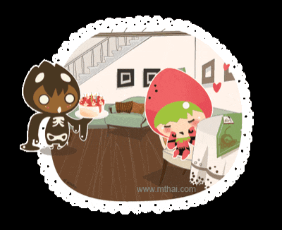 a cartoon of a girl with a strawberry hat and a cake