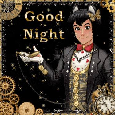 a picture of a man holding a pocket watch with the words good night written on it