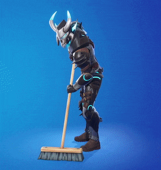 a knight with horns is holding a broom on a blue background