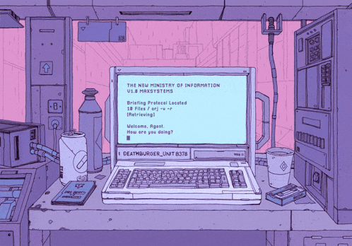 a drawing of a computer with the words the new ministry of information on the screen