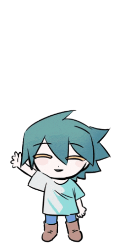 a drawing of a boy with blue hair and brown boots