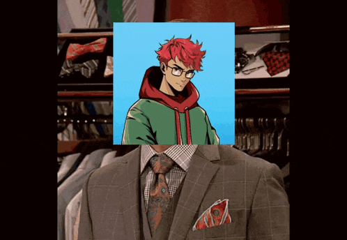 a man in a suit has a picture of a man in a hoodie on his face