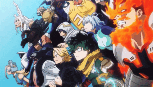 a group of anime characters are gathered together and one has the number 5 on his jersey