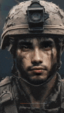 a close up of a soldier wearing a helmet with a camera on it
