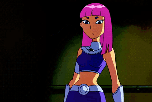 a cartoon character with black hair and purple gloves is smiling
