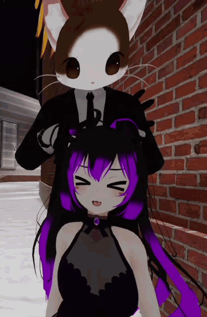 a girl with purple hair and a cat behind her