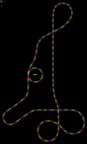 a computer screen shows a roller coaster track with rainbow lights