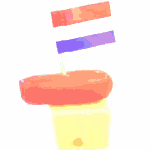 a donut is sitting on top of a yellow container with an orange blue and white striped flag sticking out of it
