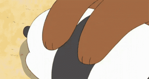 a close up of a cartoon panda bear being touched by a person 's hand .