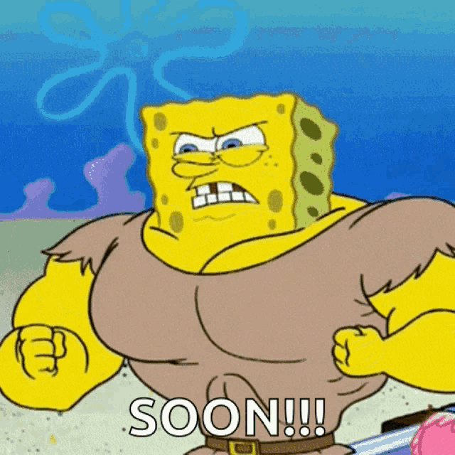 a cartoon of spongebob saying " soon " with a sword in his hand