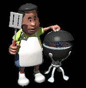 a cartoon man is holding a spatula and standing next to a grill