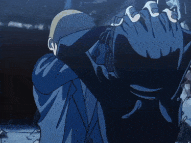 a cartoon drawing of a man in a blue suit holding a gun