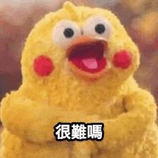 a stuffed chicken with chinese writing on its face .